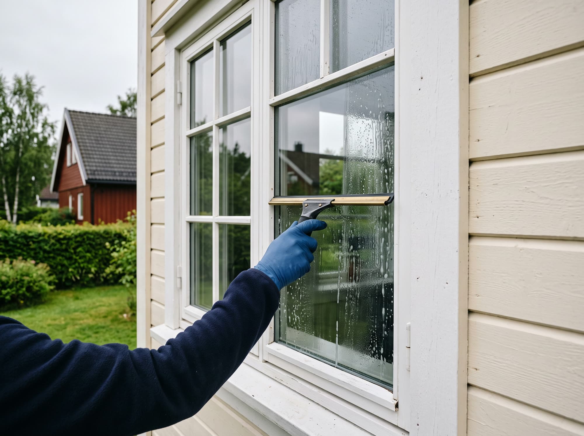 Vindu med hvit ramme som vaskes med nal.